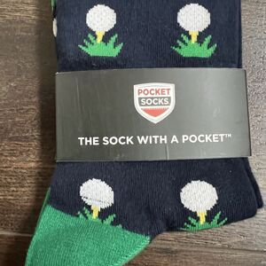 Pocket Socks Men's Size Large Zipper Sock Navy Blue Golf Balls Tees Theme NEW